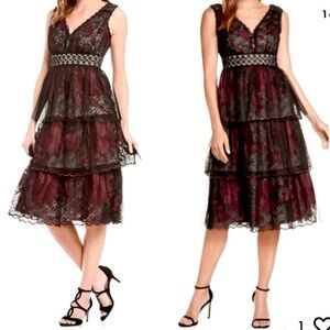 Anthropologie BHLDN Harcourt Swiss Dot Lace Tiered Midi Dress Black Burgundy 6